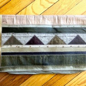 1980s handmade clutch purse, exotic skins and raw silk